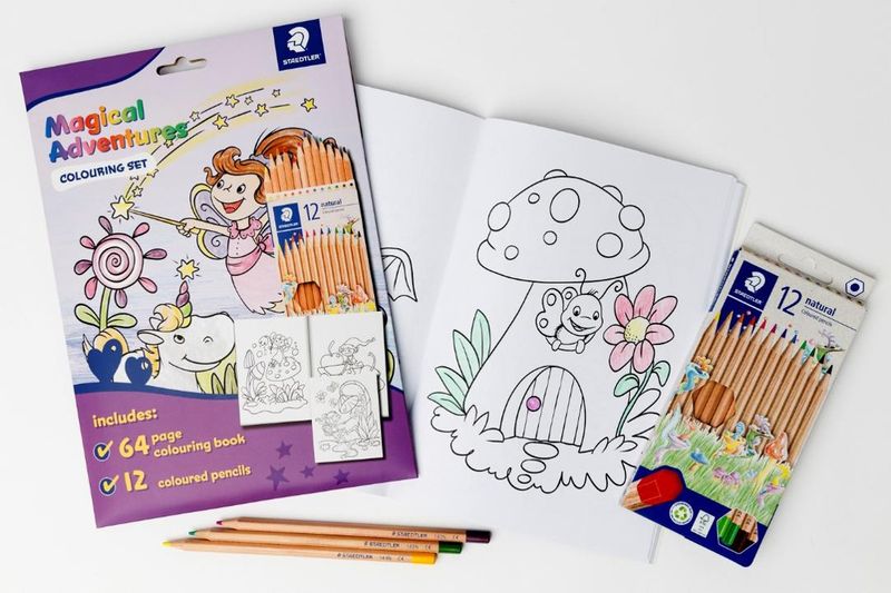 COLOURING BOOK STAEDTLER 64P INCL PK12 COL PENCILS MAGICAL ADVENTURES