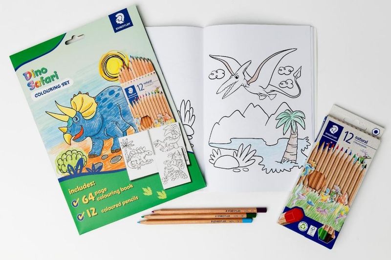COLOURING BOOK STAEDTLER 64P INCL PK12 COL PENCILS DINO SAFARI