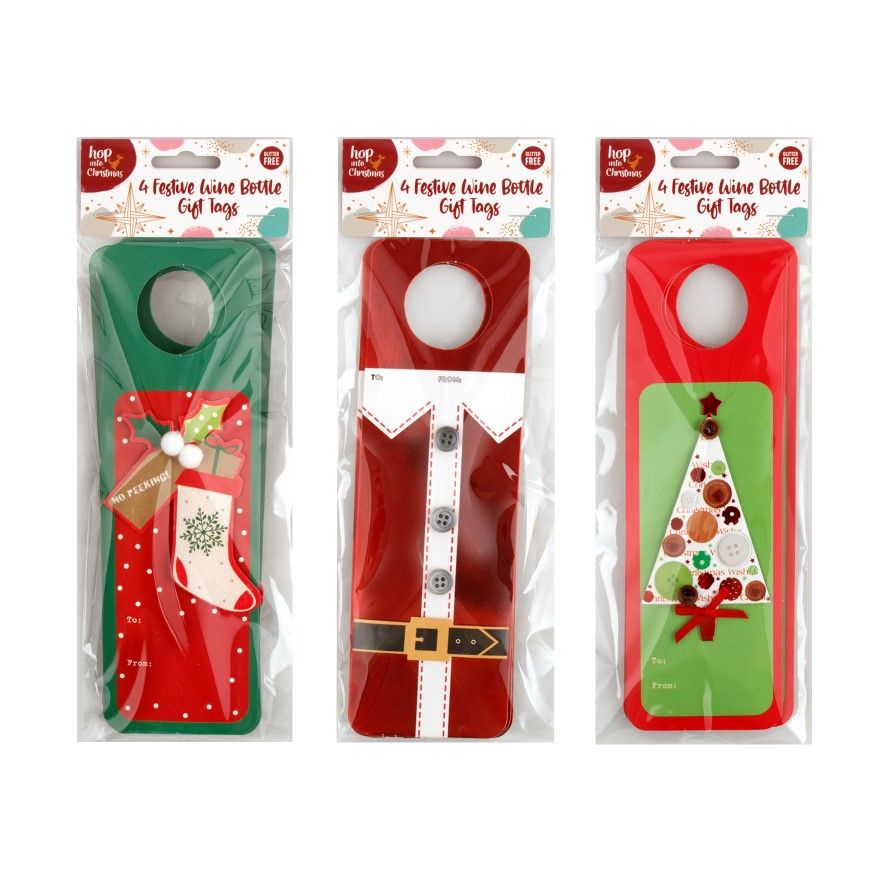 GIFT TAGS XMAS 22X7CM WINE BOTTLE 4PK 3 ASST
