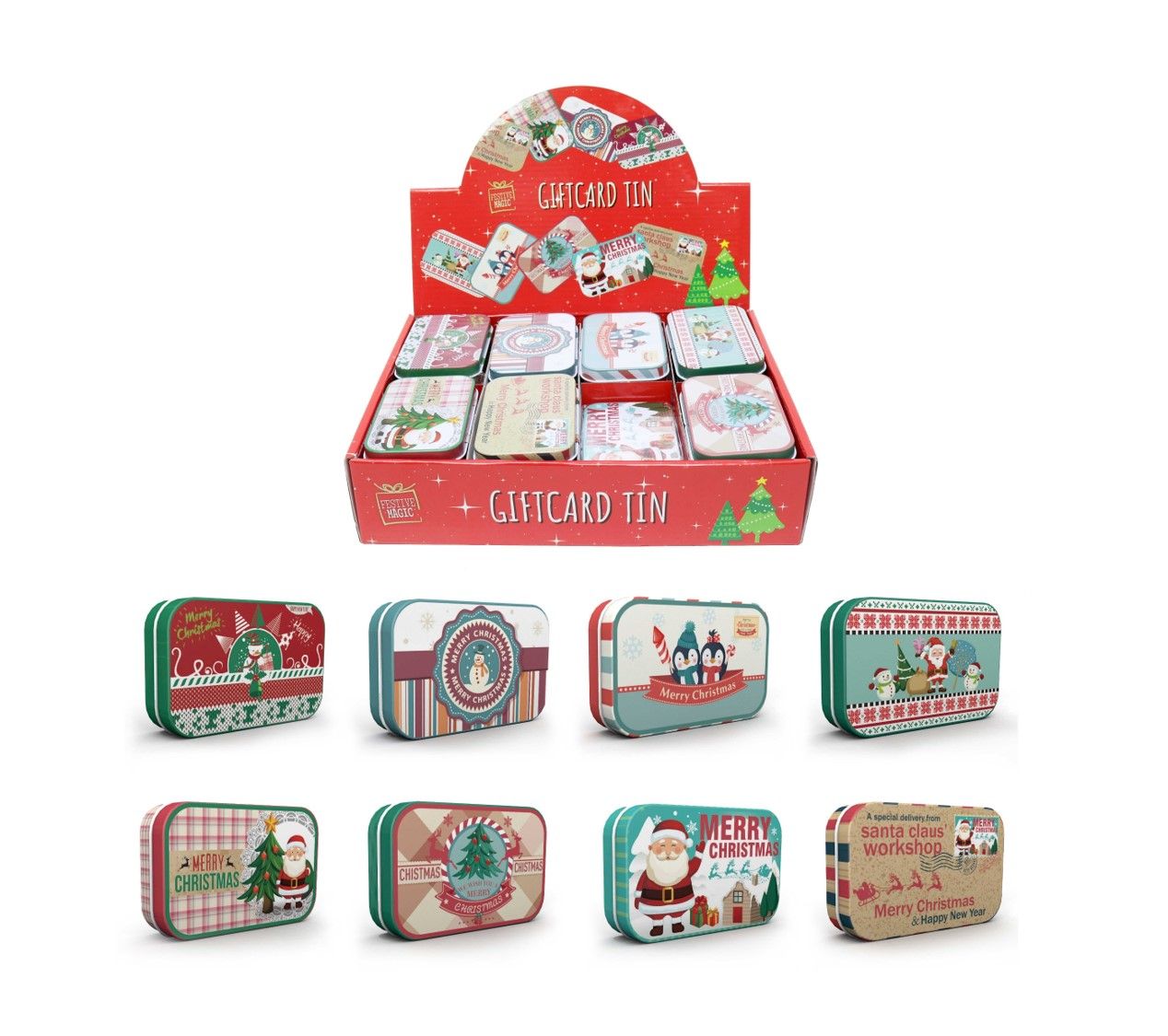XMAS GIFT CARD MINI RETRO TIN 12 ASST