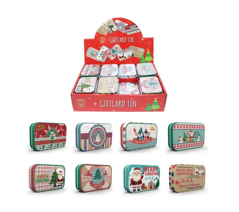 XMAS GIFT CARD MINI RETRO TIN 12 ASST
