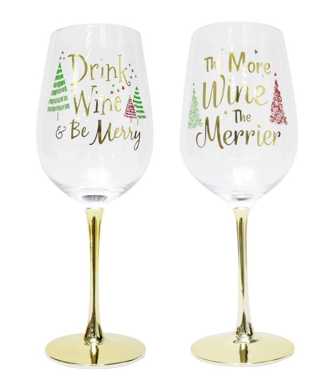 GLASSES XMAS WINE GOLD STEM ASST