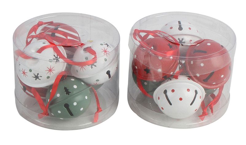 DECO HANGING XMAS 4X4CM BELLS IN PVC BOX PK3 RED GREEN WHITE