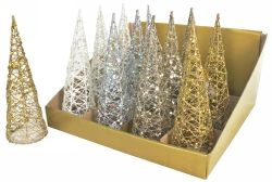 XMAS DECO GLITTER WIRE 20CM TREE CONE 4 ASST