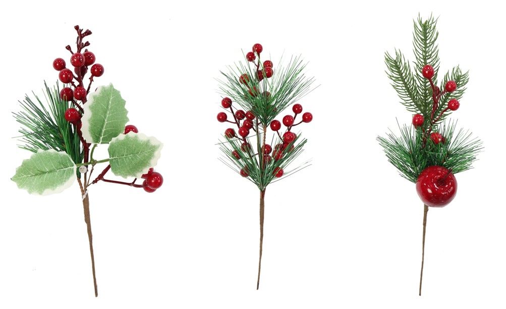 XMAS DECO 34CM BERRY WITH FOLIAGE PICK 3 ASST