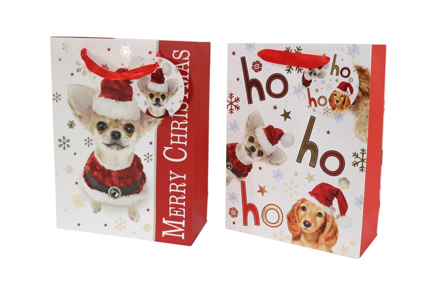 GIFT BAG XMAS 18X24X8CM MED CHIHUAHUA FOIL W/HS TAG ASST