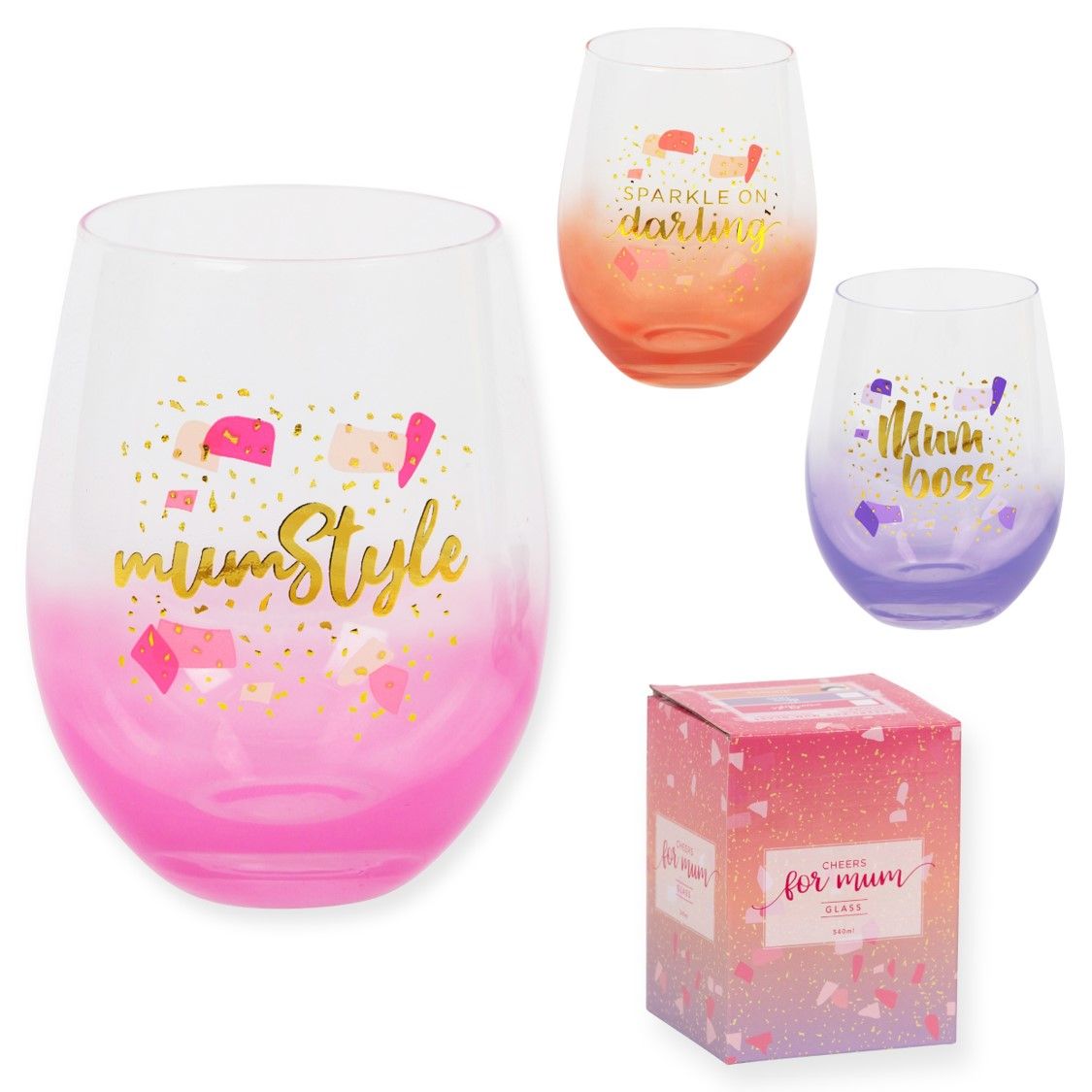 GIFT GLASS BOXED SUDA 540ML CHEERS FOR MUM GLASS 3 ASST