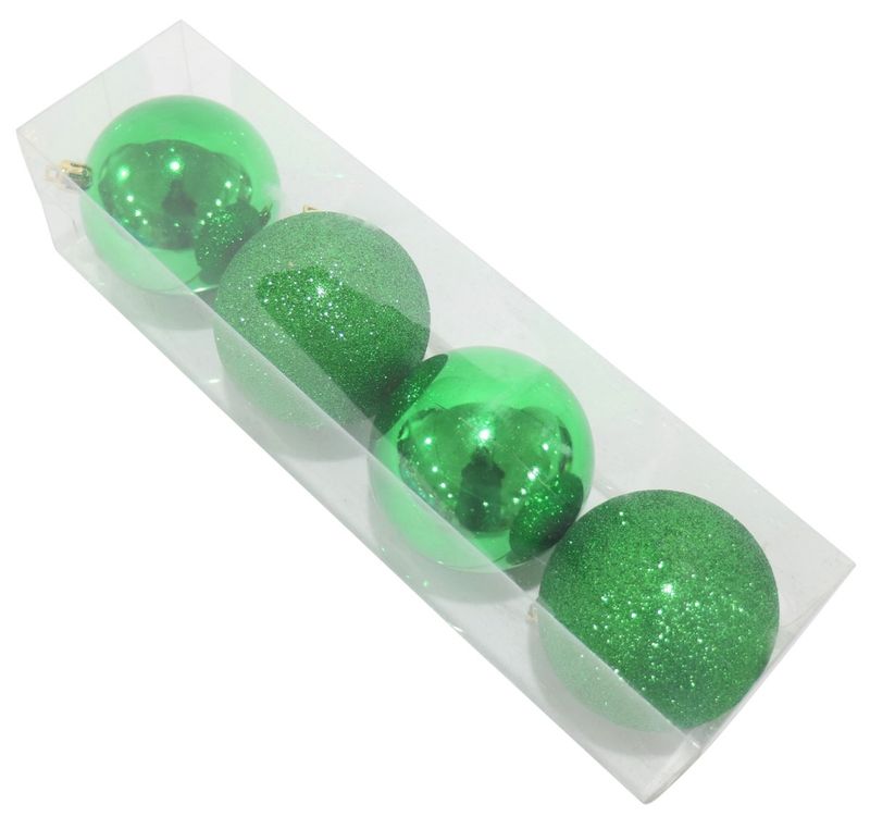 DECORATION XMAS BAUBLES 80MM 4 PIECES SHINY AND GLITTER GREEN
