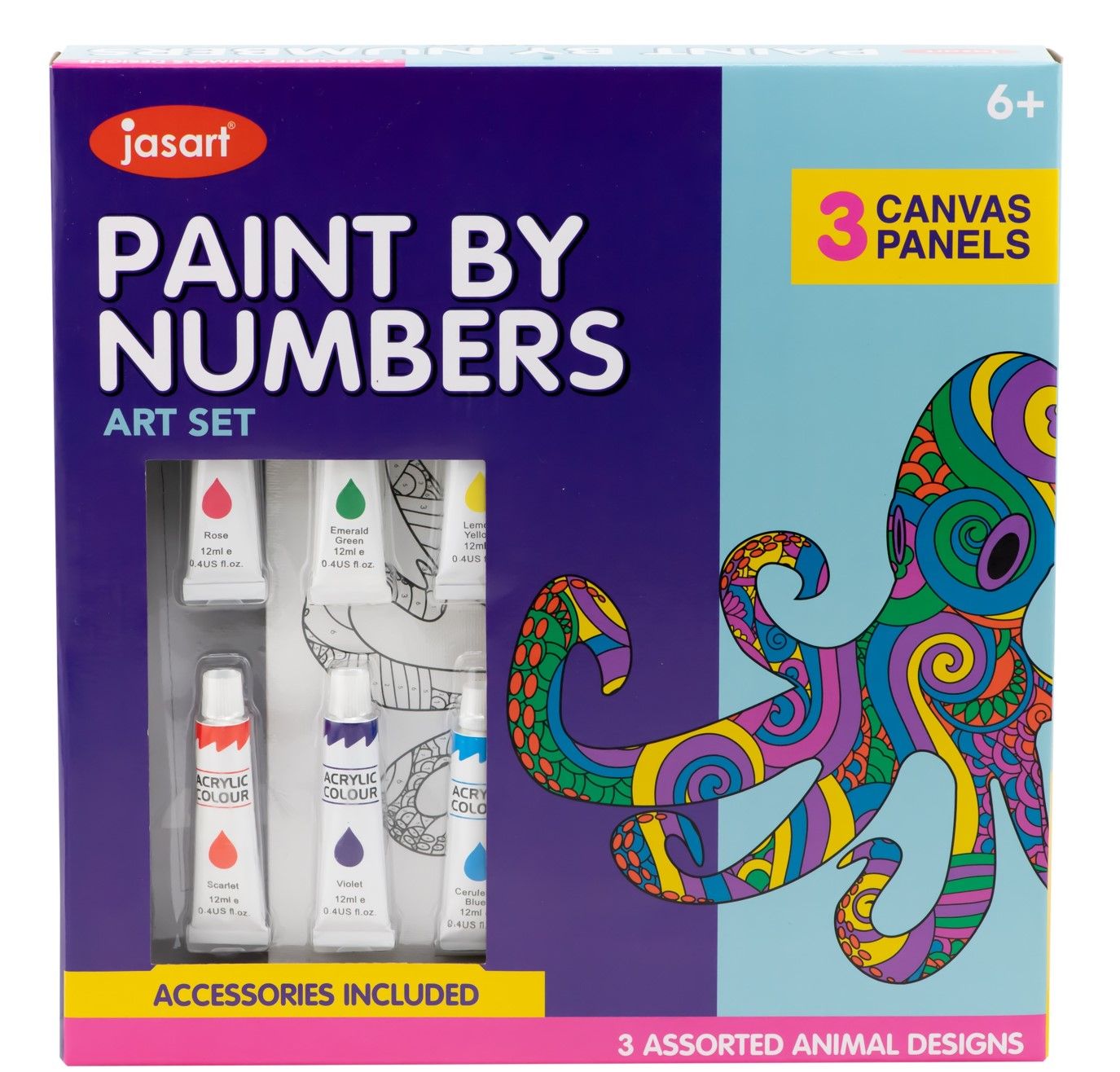 ART SET JASCO PAINT BY NUMBERS 3 CANVAS PAINTS BRUSHES & PALETTE S2