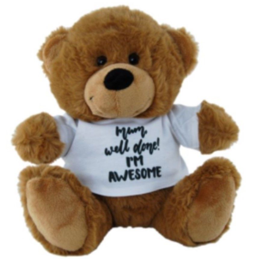 SOFT TOY ELKA 23CM BEAR BROWN I'M AWESOME SHIRT