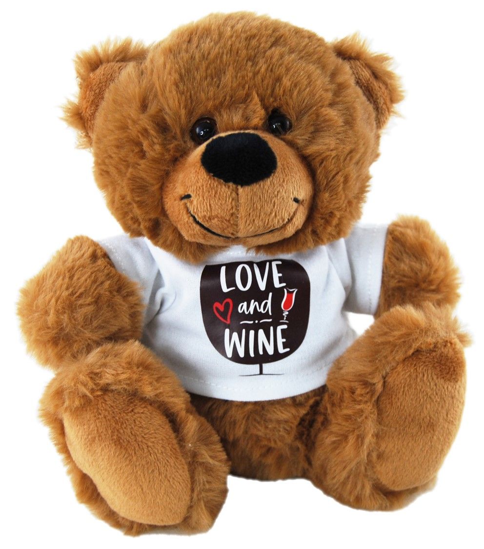 SOFT TOY ELKA 18CM BEAR LOVE & WINE TSHIRT BROWN