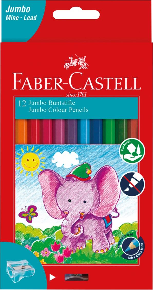 PENCIL COLOURED FABER-CASTELL JUMBO FREE SHARPENER 12'S