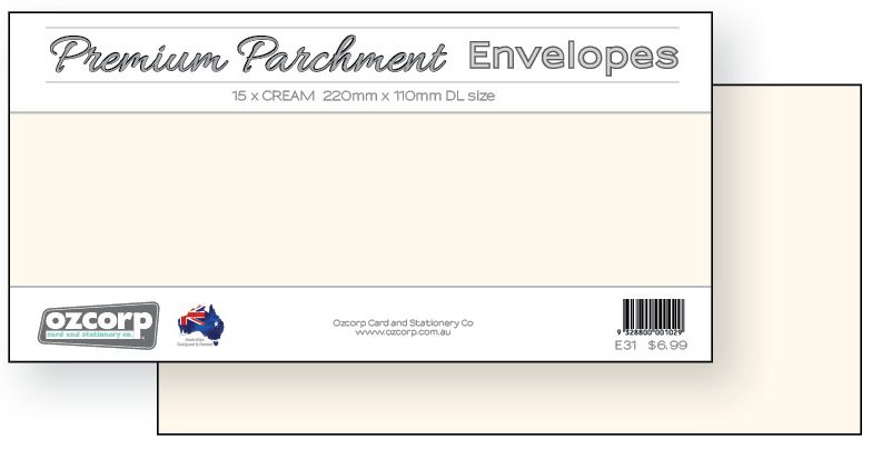 SP- ENVELOPE OZCORP DL 22X11CM PREMIUM PARCHMENT CREAM PK15