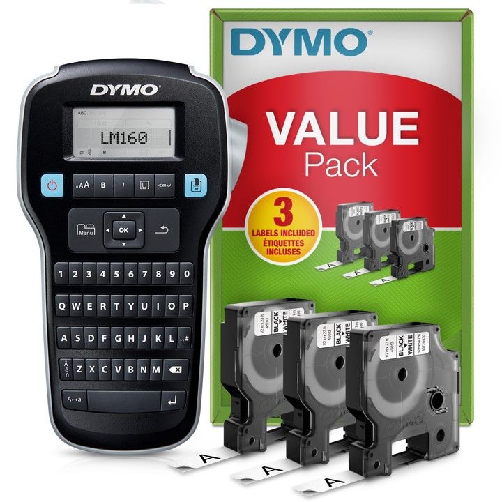 LABEL MAKER DYMO LABELMANAGER 160P VALUE PACK INCL 3XD1 12MM BLK/WHT