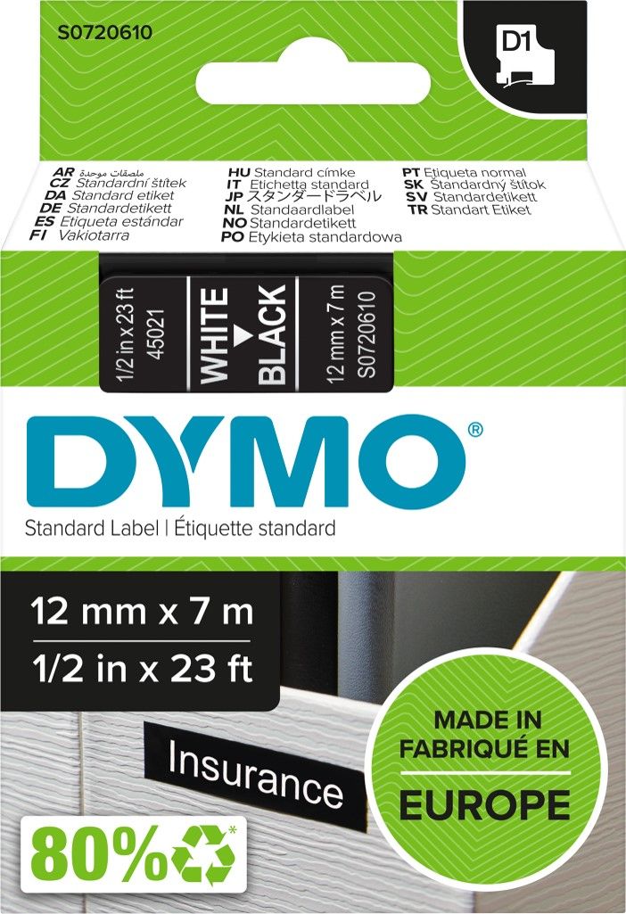 LABEL TAPE DYMO D1 12MMX7M WHITE ON BLACK