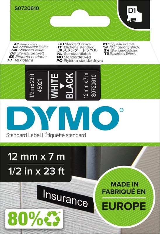 LABEL TAPE DYMO D1 12MMX7M WHITE ON BLACK