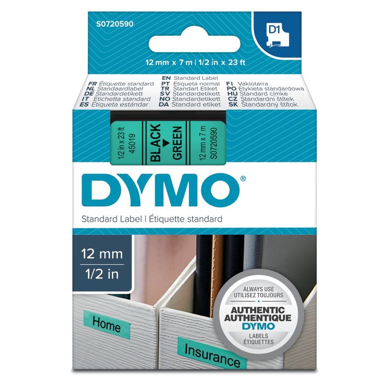 LABEL TAPE DYMO D1 12MMX7M BLACK ON GREEN