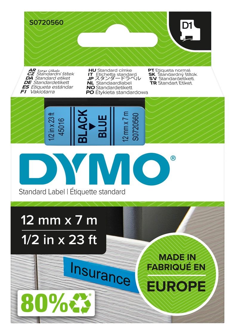 LABEL TAPE DYMO D1 12MMX7M BLACK ON BLUE