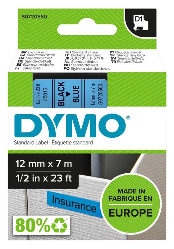 LABEL TAPE DYMO D1 12MMX7M BLACK ON BLUE