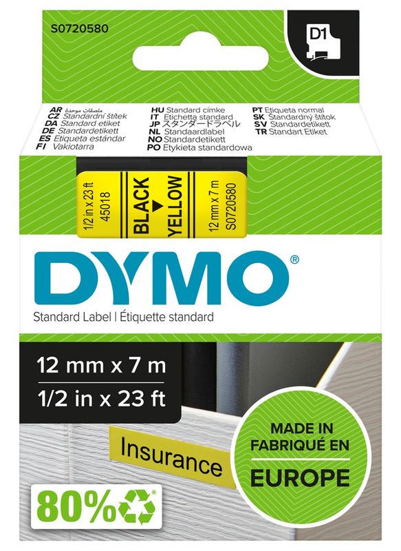 LABEL TAPE DYMO D1 12MMX7M BLACK ON YELLOW