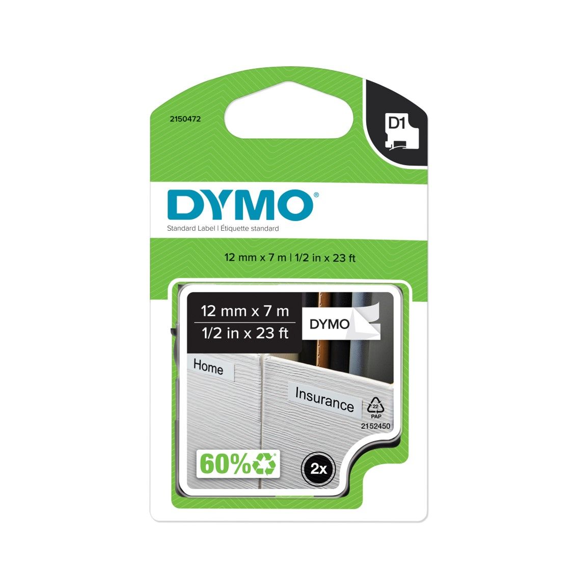 LABEL TAPE DYMO D1 12MMX7M BLACK ON WHITE PK2