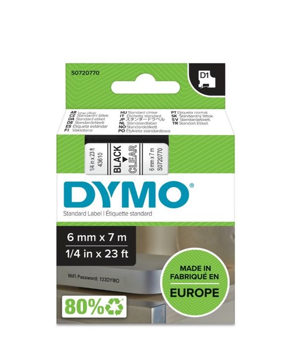 LABEL TAPE DYMO D1 6MMX7M BLACK ON WHITE