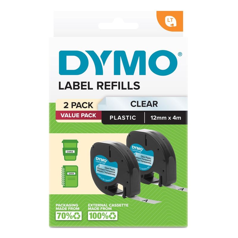 LABEL TAPE DYMO 12MM X 4M LETRA-TAG PLASTIC CLEAR PK2