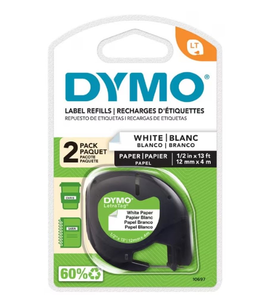 LABEL TAPE DYMO LETRA-TAG PAPER 12MM WHITE PK2