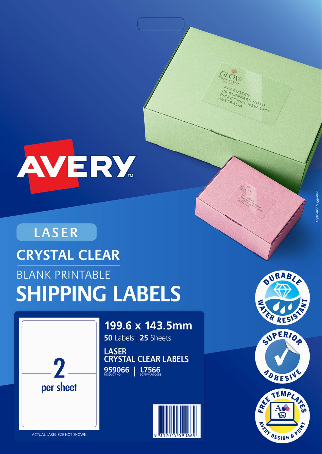 LABELS AVERY L7566 199.6X143.5MM SHIPPING 2UP CLEAR PK25