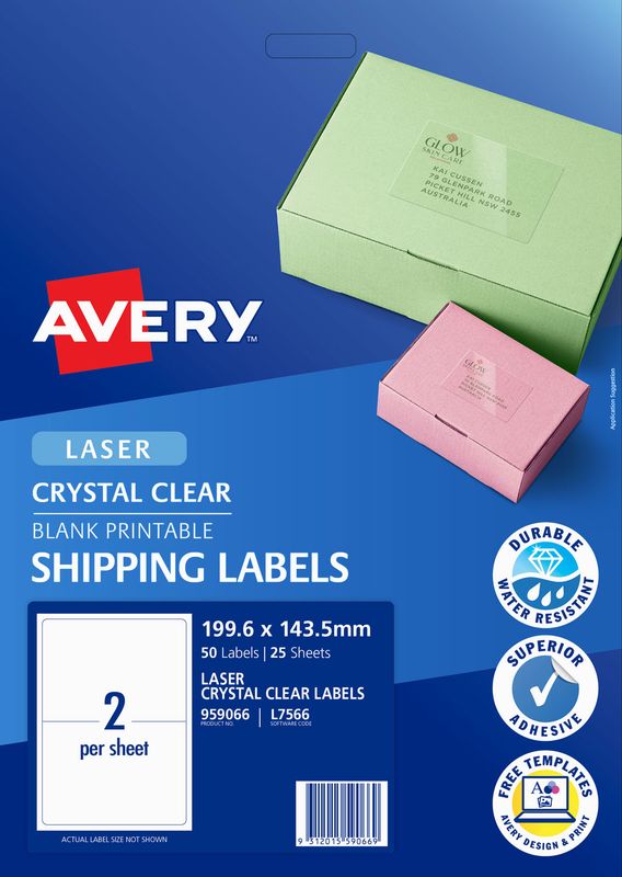 LABELS AVERY L7566 199.6X143.5MM SHIPPING 2UP CLEAR PK25
