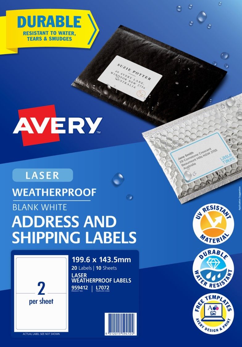 AVERY SHIPPING LABELS AVERY 2UP L7072 WEATHERPROOF WHITE PK10