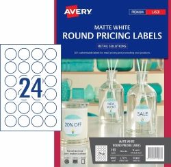 LABELS AVERY LASER L7129 40MM ROUND MATT WHITE 24UP PK8