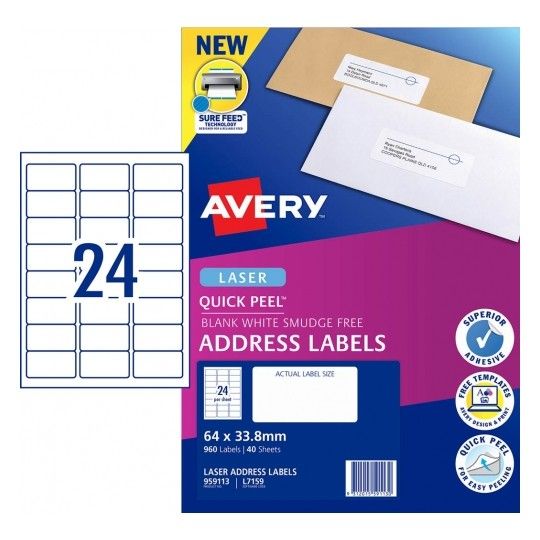 LABEL AVERY 24UP 64x33.8MM L7159 LASER QUICK PEEL ADDRESS PK40