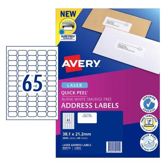 LABEL AVERY 38.1X21.2MM L7651 LASER QUICK PEEL ADDRESS 65UP PK40