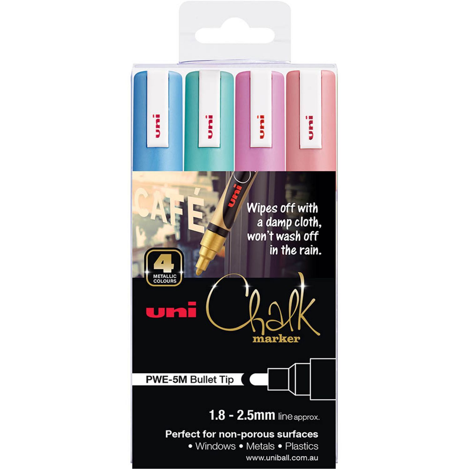 MARKER CHALK UNI 2.5MM TIP PWE-5M ASSORTED 4
