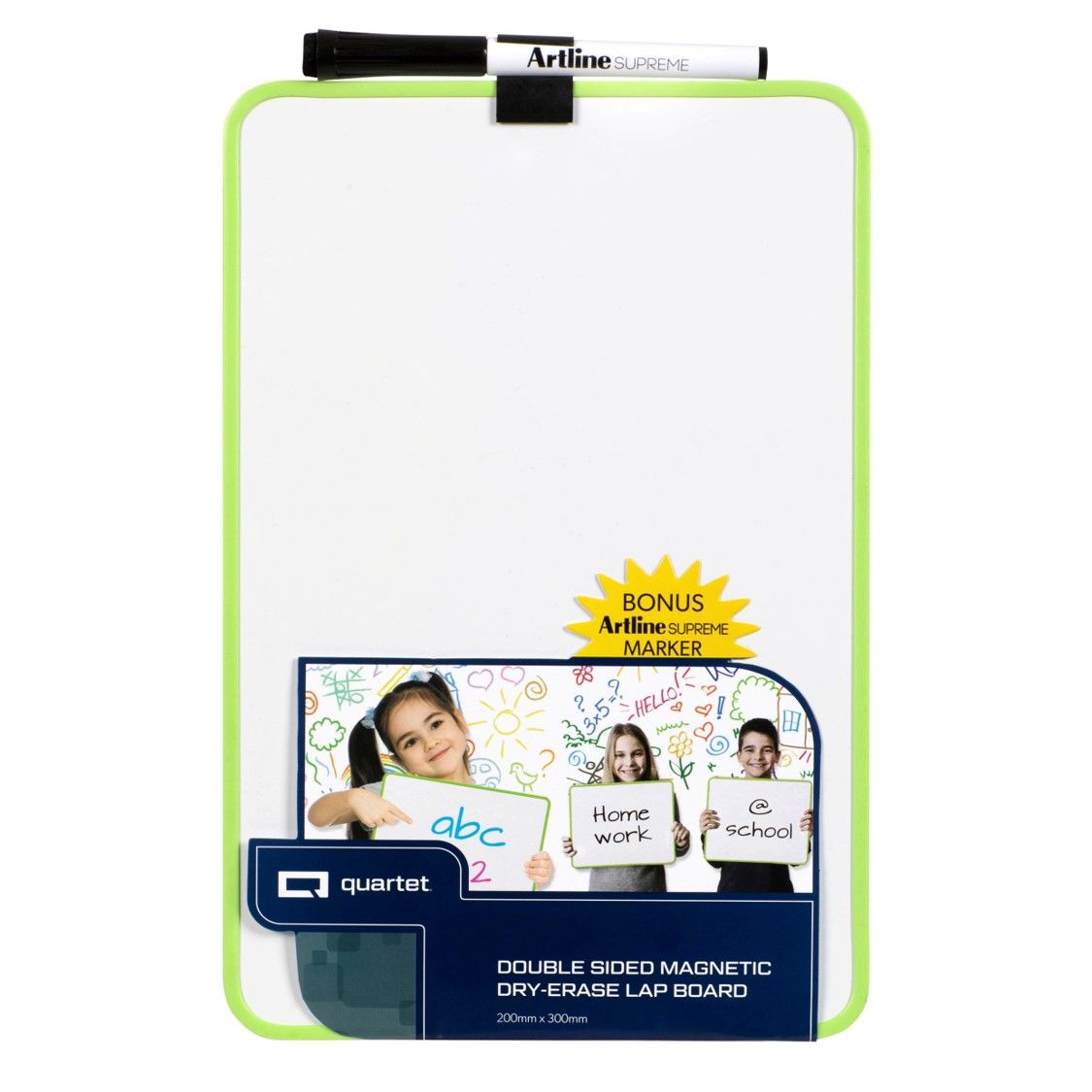 WHITEBOARD QUARTET 200X300MM 2 SIDED LAP BOARD W/ARTLINE MARKER GREEN