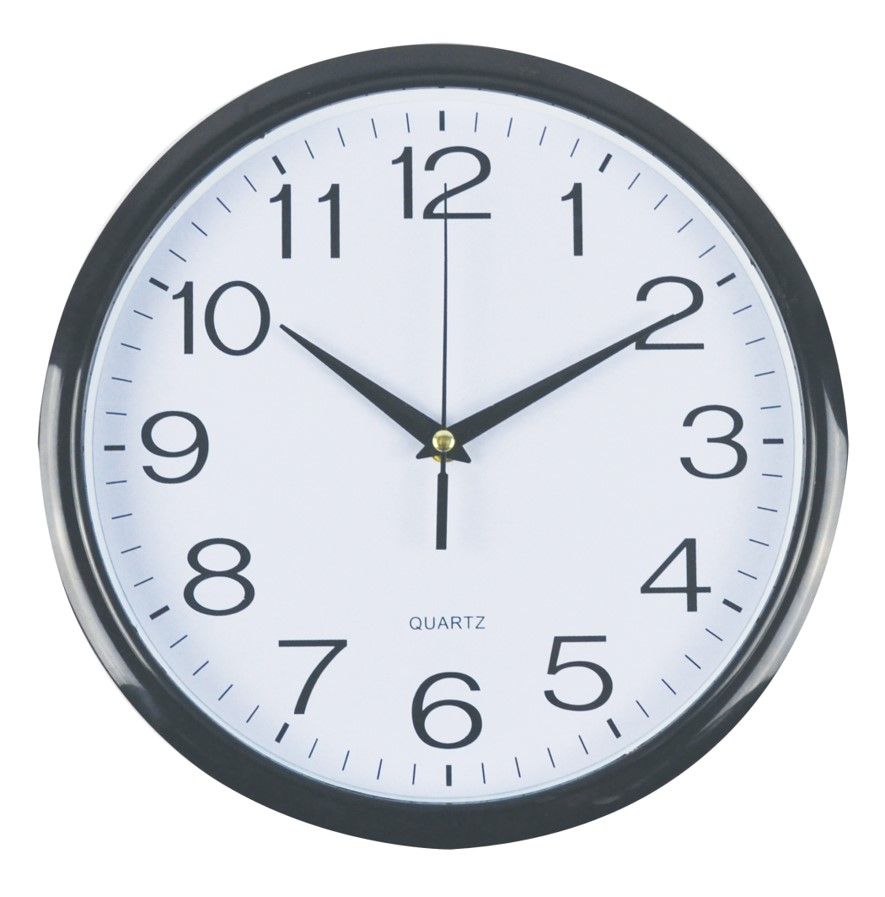 CLOCK ITALPLAST 30CM WALL PLASTIC WHITE FACE/BLACK TRIM