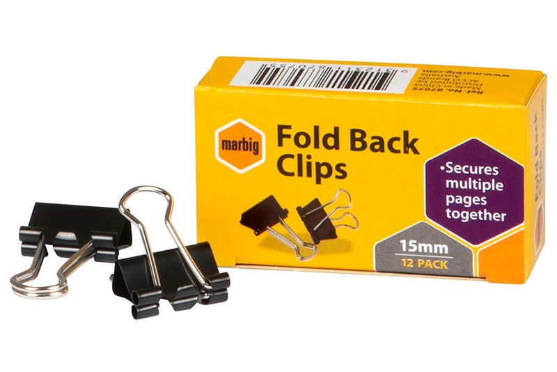 FOLDBACK CLIPS MARBIG 15MM BLACK BX12