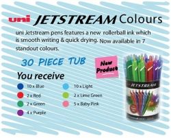 PEN UNI RB JETSTREAM 30 PIECE TUB 7 STANDOUT ASSORTED COLOURS