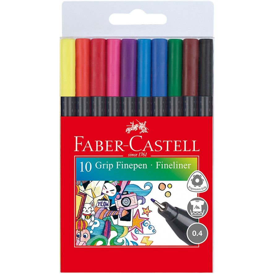 PEN FINELINER FABER-CASTELL TRIANGULAR GRIP 0.4MM ASST WLT10