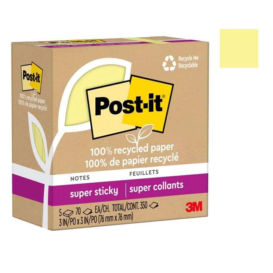 NOTES SUPER STICKY POST-IT 76X76 654R-5SSCY RECYCLED YELLOW 5 PADS