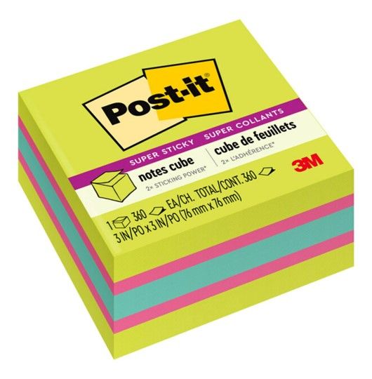 NOTES SUPER STICKY POST-IT 76X76MM CUBE 2027-SSGFA NEON GREEN MIX 360SHT