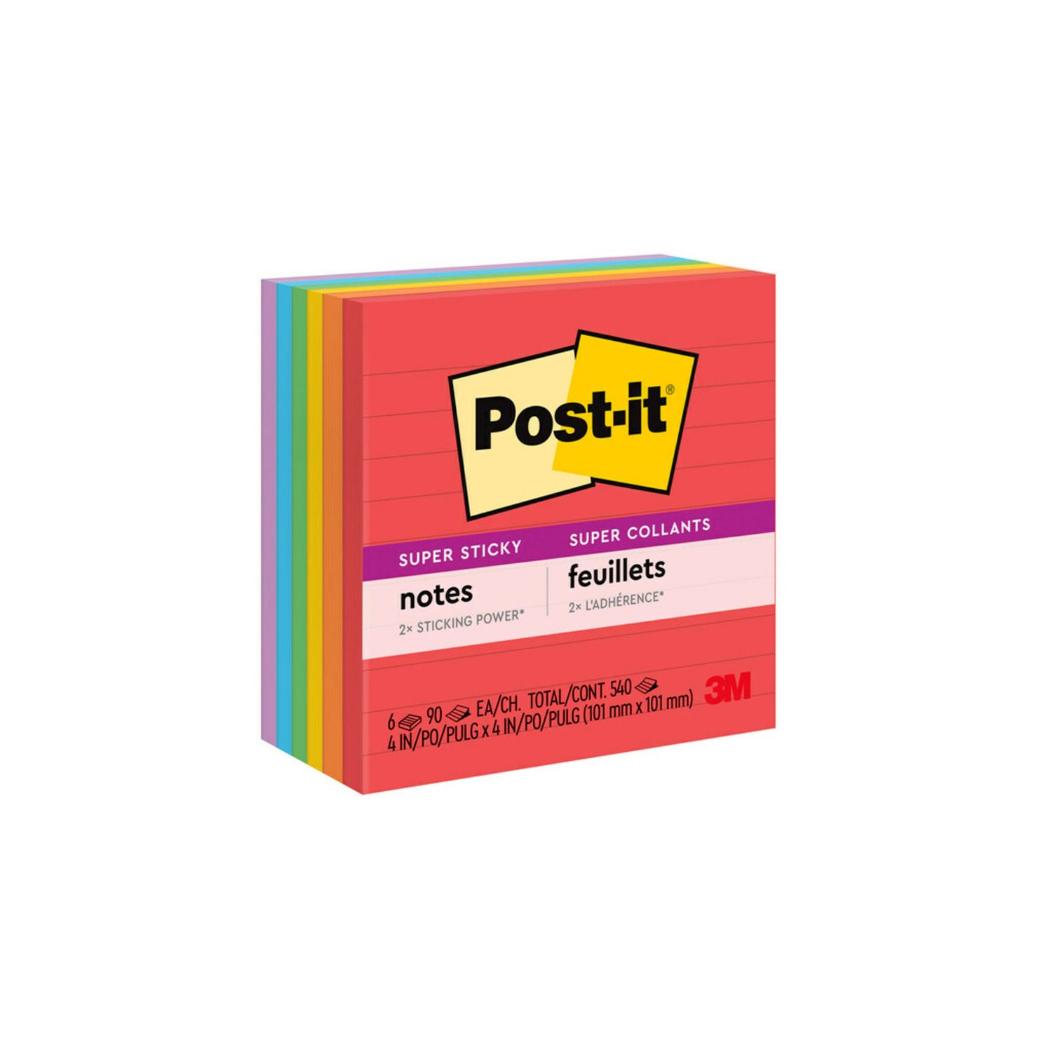 POST- IT NOTES SUPER STICKY 675-6SSAN 98X98 LINED ASST NEON PK6