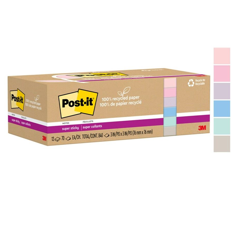 NOTES SUPER STICKY POST-IT 76X76 654R-12SSNRP RECYCLED WANDERLUST 12 PADS