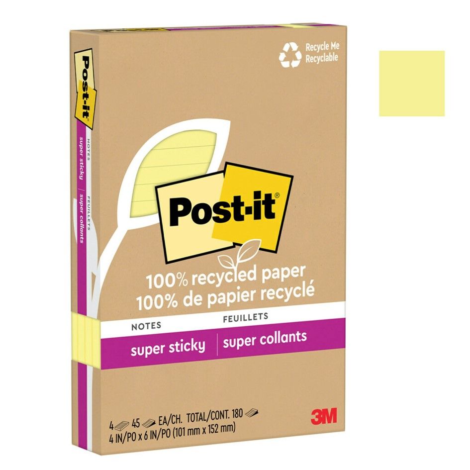 NOTES SUPER STICKY POST-IT 101X152 4621R-4SSCY RECYCLED LINED YELLOW 4 PADS