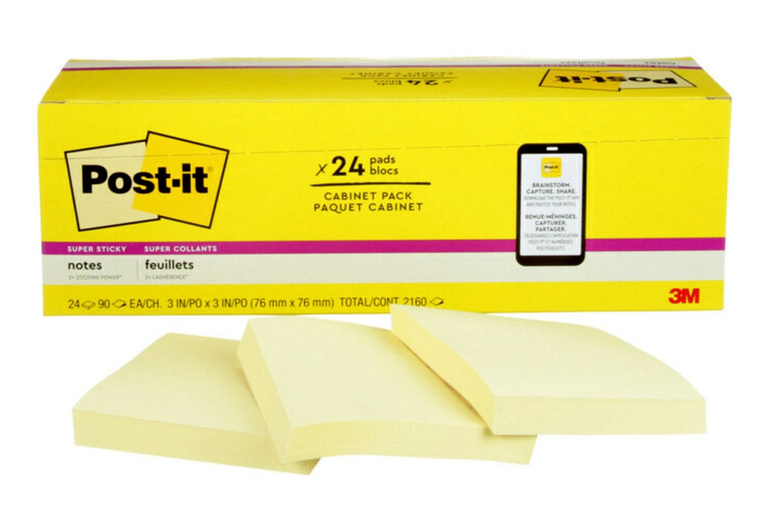 NOTES SUPER STICKY POST-IT 76X76 654-24SSCP CANARY YELLOW 24 PADS