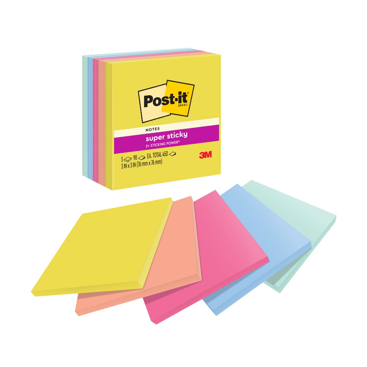 NOTES SUPER STICKY POST-IT 76X76 654-5SSJOY  SUMMER JOY     450 SHT