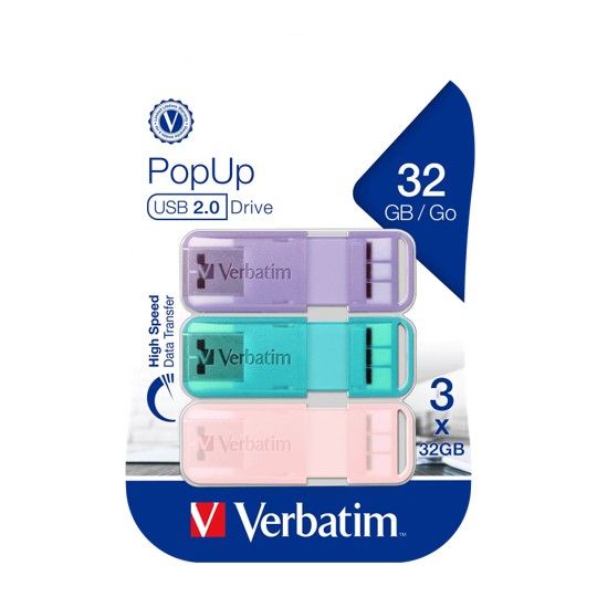 USB DRIVE VERBATIM POP UP 2.0 32GB ASSORT PASTEL PK3