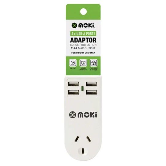 ADAPTOR MOKI ONE SOCKET+4 USB PORTS+SURGE PROTECTION WHT