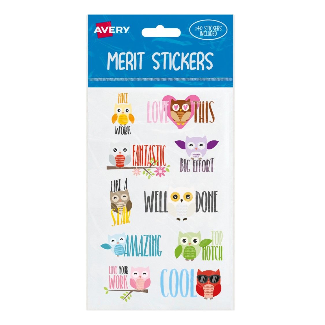 MERIT STICKERS AVERY ASST SHAPES OWL PK40